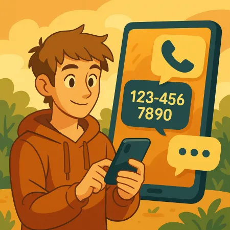 Joven sonriente en sudadera con capucha usando su smartphone, con una gran pantalla de teléfono de fondo mostrando un ícono de llamada y un número de teléfono ficticio (123-456-7890), en un entorno exterior estilizado y acogedor.