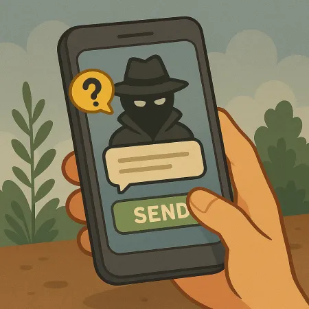 Mano sosteniendo un smartphone mostrando un personaje enmascarado con impermeable y sombrero, representando a un remitente anónimo. Se ve un globo de diálogo con un signo de interrogación, así como un botón verde marcado con 'ENVIAR', sugiriendo el envío de un mensaje anónimo.