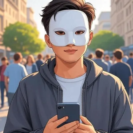 Un joven de estilo animado con una máscara blanca y una chaqueta con capucha gris, mira a la cámara mientras sostiene un smartphone en una calle concurrida.