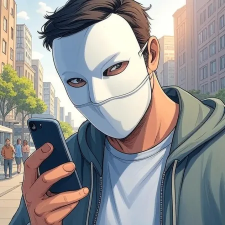 Un hombre con una máscara blanca y una sudadera con capucha mira su teléfono móvil en una calle de la ciudad. La imagen está realizada en un estilo de caricatura o cómic.
