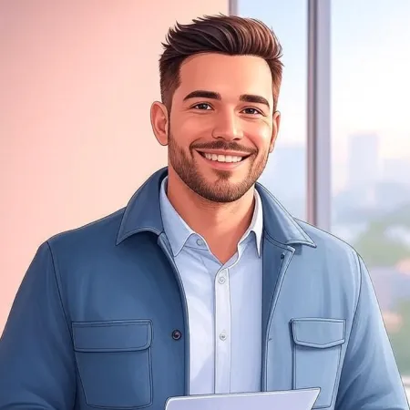 Un joven sonriente con atuendo profesional casual en una oficina.
