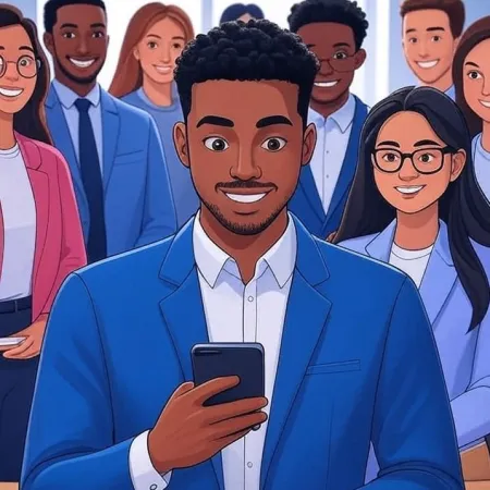 Ilustración de un joven empresario negro sonriendo mirando su smartphone, con su equipo de fondo.