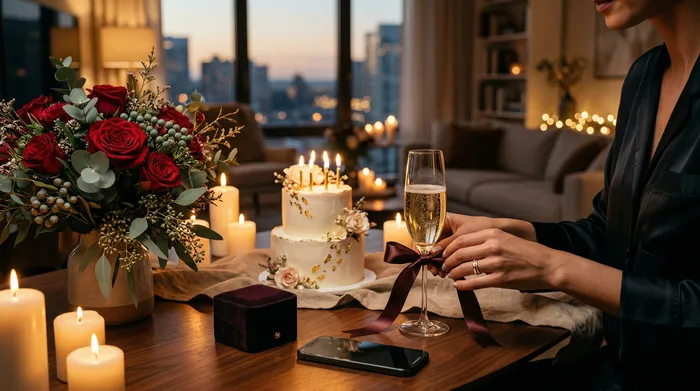 Una mujer sonriente sentada en una cocina moderna mira su celular, mientras dos hombres al fondo le presentan pasteles de cumpleaños con velas encendidas.