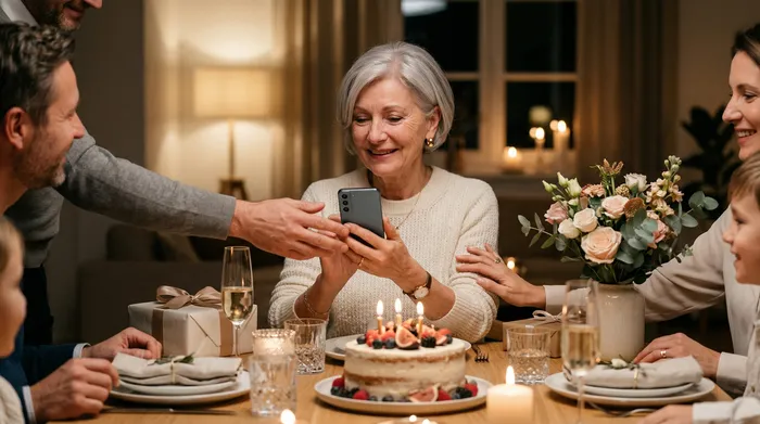 Una mujer con un atuendo elegante prepara una copa de champán con una cinta durante una cena romántica a la luz de las velas, con un pastel de cumpleaños y un ramo de rosas rojas sobre la mesa.