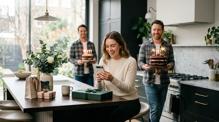 Una mujer sonriente con un vestido verde de lentejuelas mira su smartphone frente a un pastel de cumpleaños decorado con velas, rodeada de amigos que brindan con copas de champán en una fiesta.