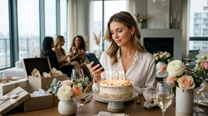 Un smartphone con la pantalla en blanco, colocado frente a una torta de cumpleaños elegante y decorada, sobre una mesa de fiesta con regalos y copas de champaña.
