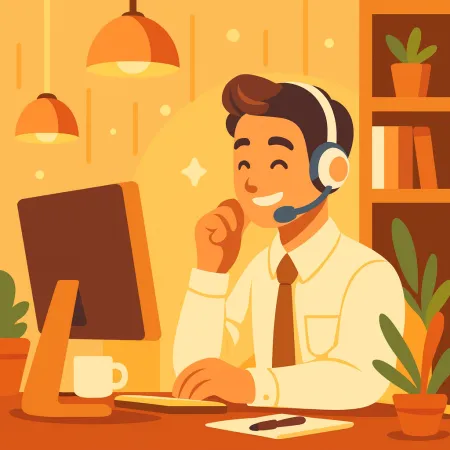 Ilustración de un hombre sonriente con auriculares trabajando en una computadora de escritorio en un ambiente cálido y cómodo con plantas y una taza de café