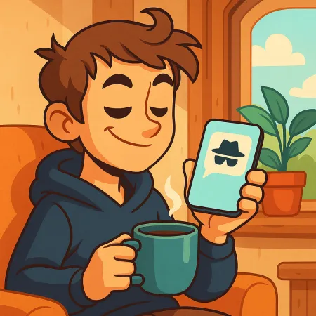 Ilustración de un joven sonriente, sentado cómodamente con una taza de café, sosteniendo un smartphone que muestra un ícono de mensaje anónimo con un sombrero y gafas negras