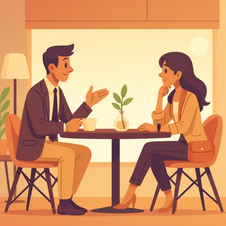 Ilustración de dos personas hablando cara a cara en un café, un hombre con traje y una mujer con atuendo casual elegante, sentados a una mesa con una pequeña planta en el centro.